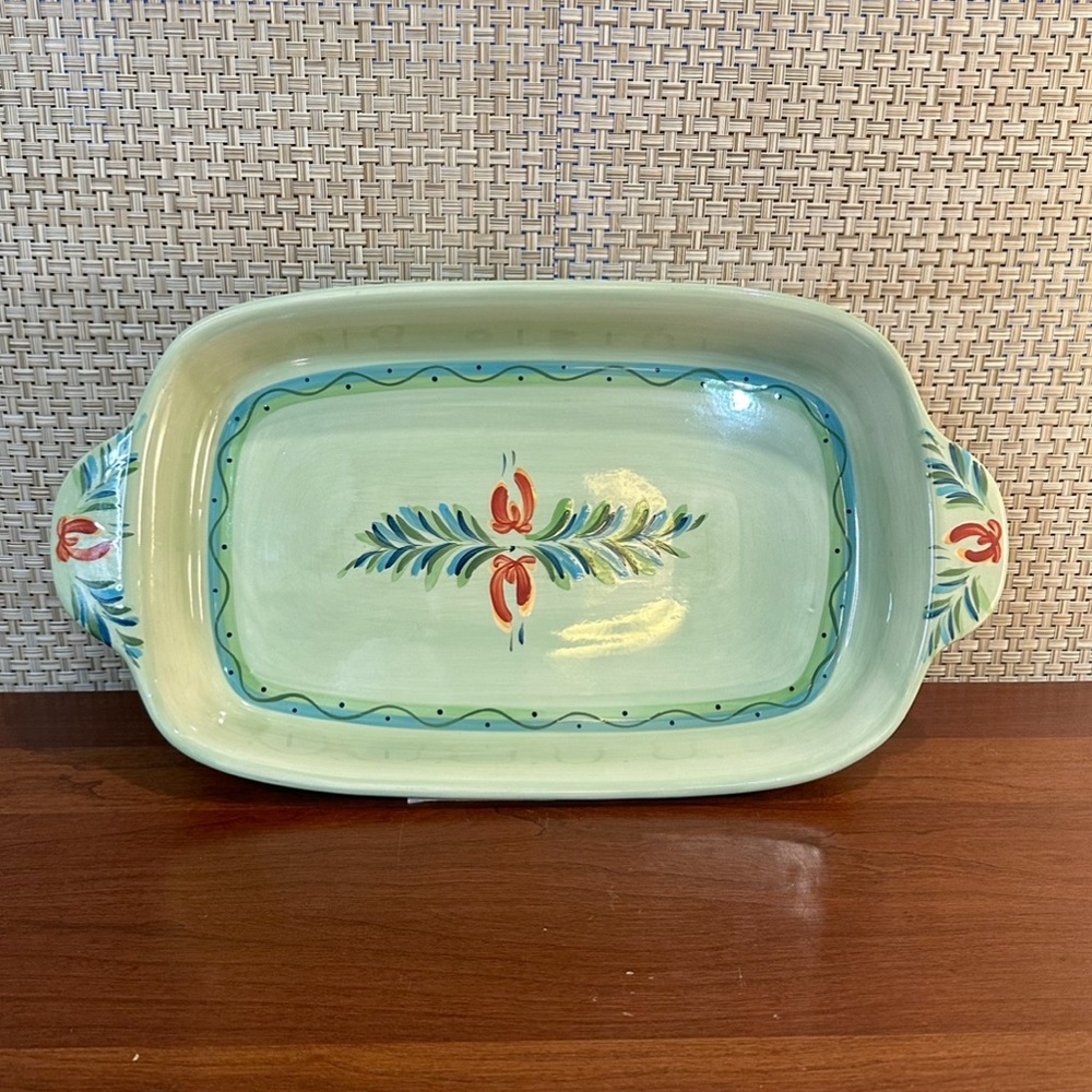 🍁🌟2xHP🌟VTG 1990s Gail Pittman 16" Provence Green Stoneware Baker Casserole
